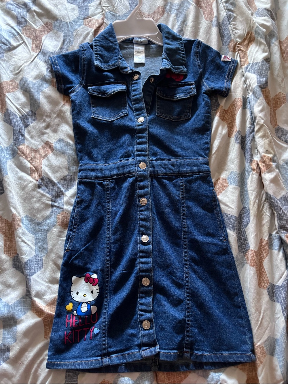 Hello Kitty Dark Blue Denim Button-Front Kids Dress with Graphic design